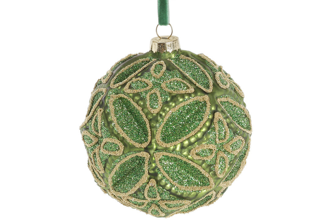 🔥 Розпродаж! Куля ялинкова з декором 10см, колір - золотистий лайм.