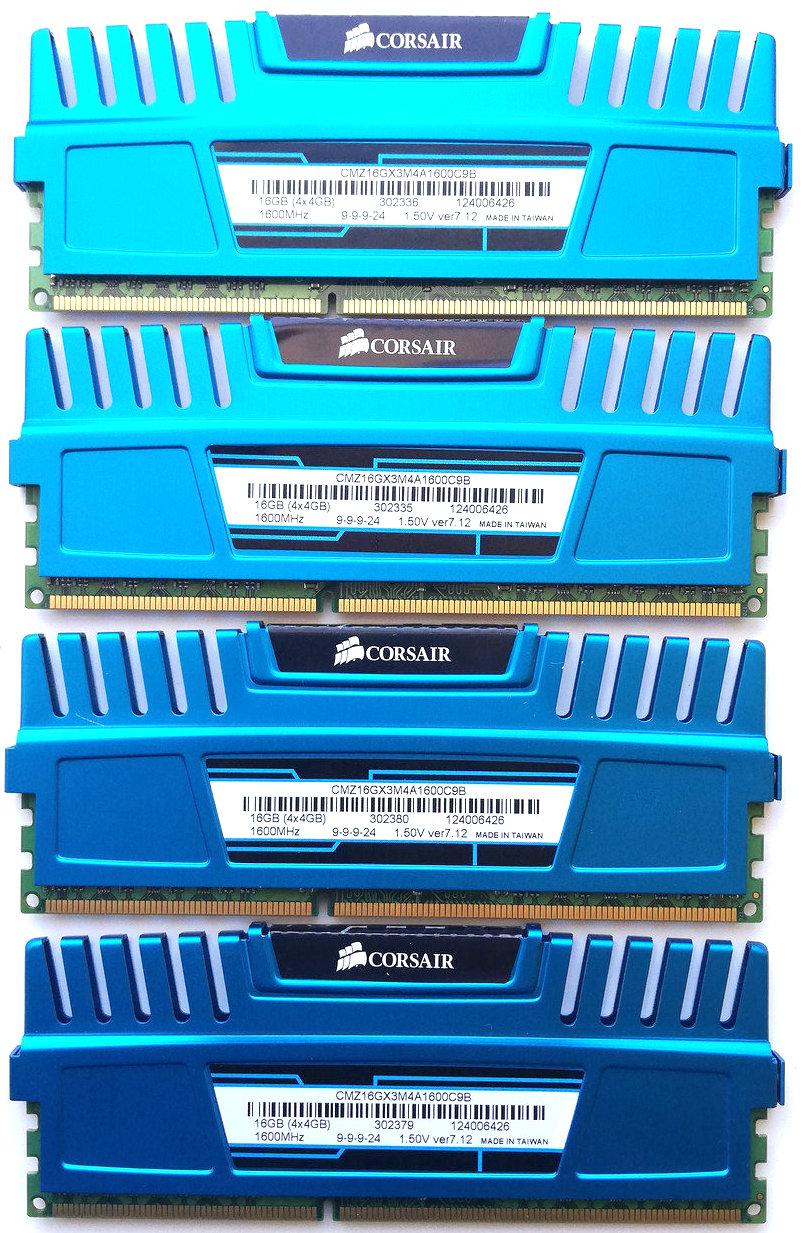 Комплект оперативної пам'яті Corsair DDR3 16Gb KIT of 4 1600MHz PC3-12800U 2R8 CL9 (CMZ16GX3M4A1600C9B) Б/В