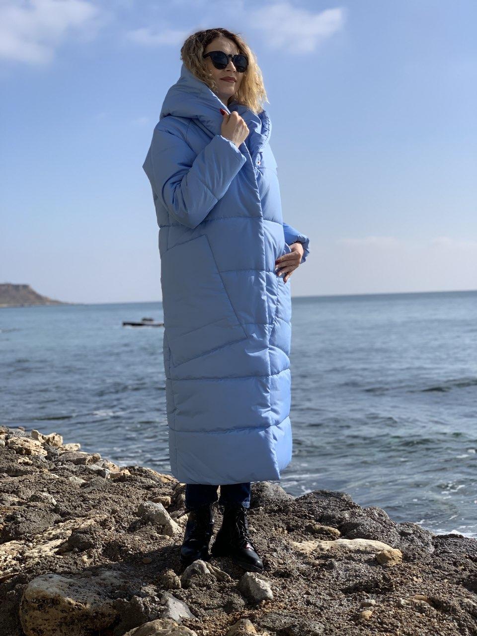 Пальто курка кокон Oversize зимове, артикул 500, колір небесно-блакитний