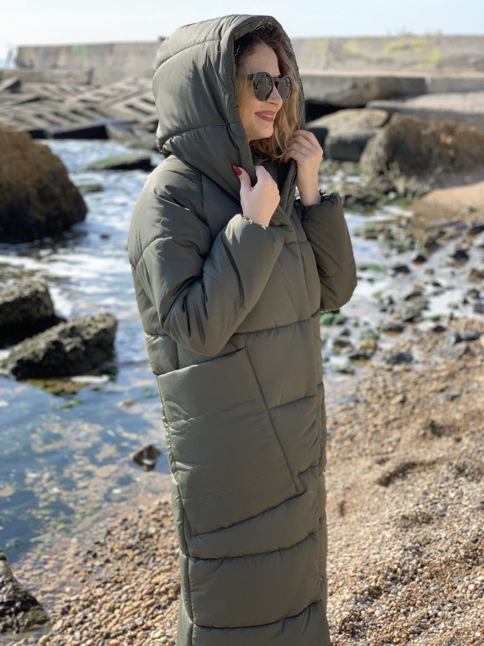 Пальто курка кокон Oversize зимове, артикул 500, колір сіро-зелений хакі, фото 1