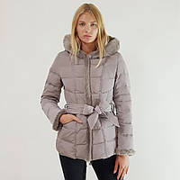 Женский пуховик зимний Snowimage с капюшоном и натуральным мехом средней длины серый, распродажа
