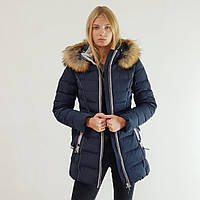 Пальто-пуховик жіночий зимовий Snowimage з капюшоном і натуральним хутром синій, довгий, розпродаж