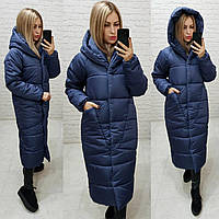 Теплое зимнее пальто с капюшоном темно-синего цвета М500