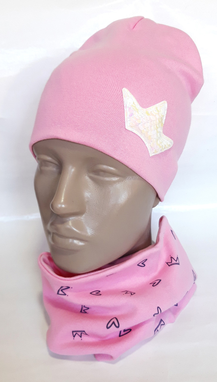 Комплект шапка, шарф-снуд з коронкою 48-50 рожевий