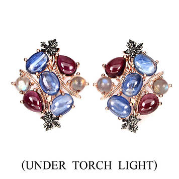 Сережки Канініт (Непал), Родоліт Гранат і Місячний Камінь (Індія). Срібло 925, покриття золотом 14 каратів.