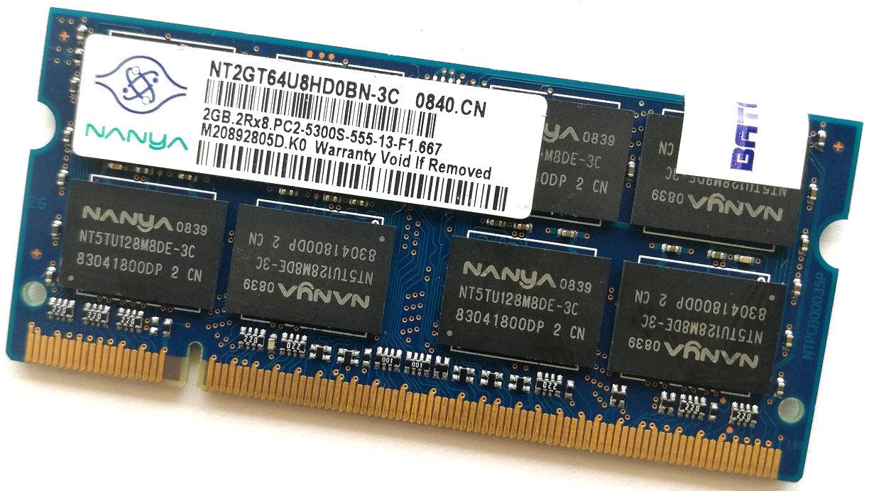 Оперативна пам'ять для ноутбука Nanya SODIMM DDR2 2Gb 667MHz 5300S CL5 (NT2GT64U8HD0BN-3C) Б/В