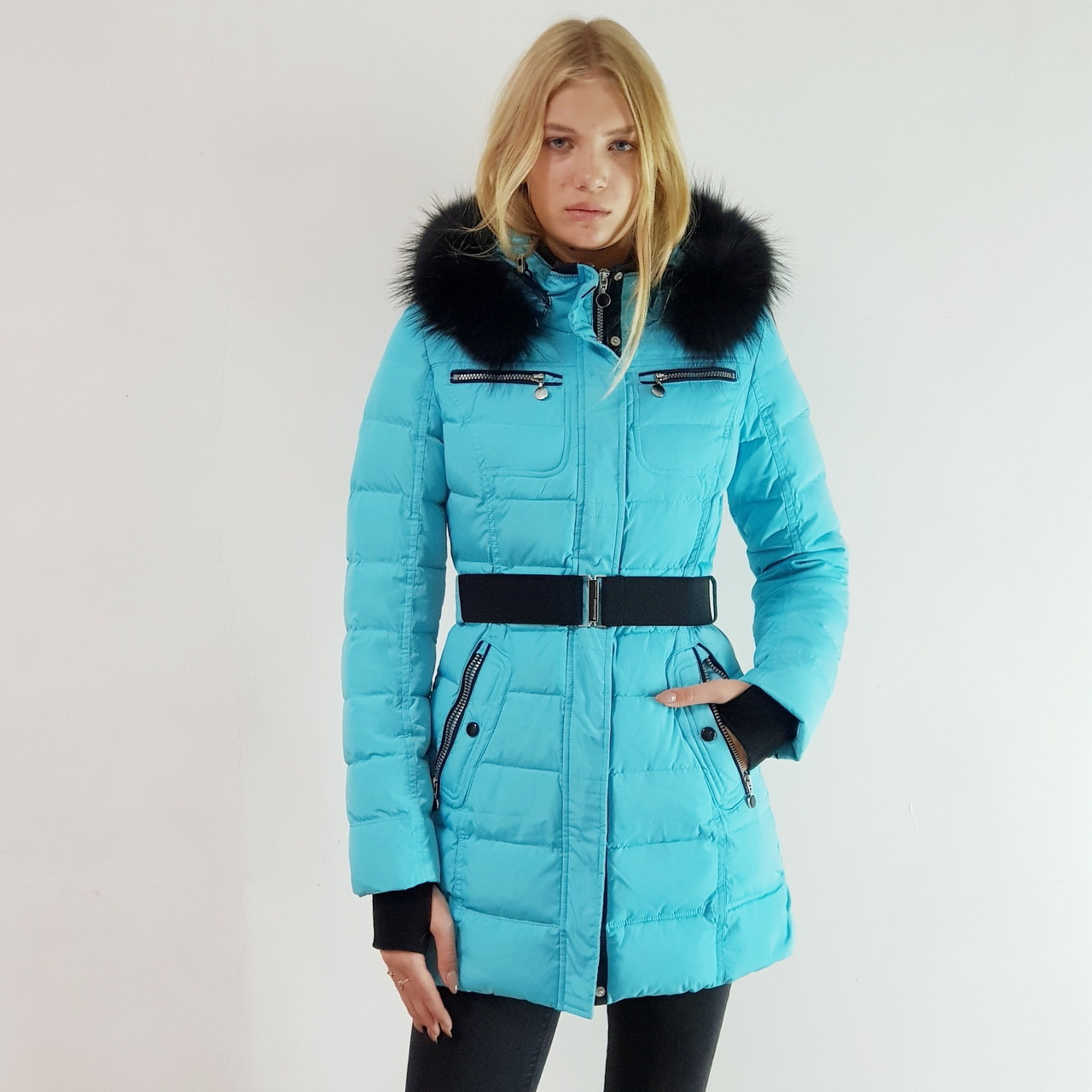 Куртка пуховик жіночий Snowimage з капюшоном і натуральним хутром блакитний, довгий, знижки