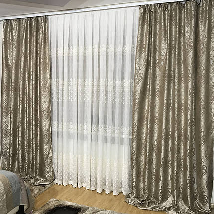 Шикарні готові штори №392 з жаккардової тканини капучіно, фото 4