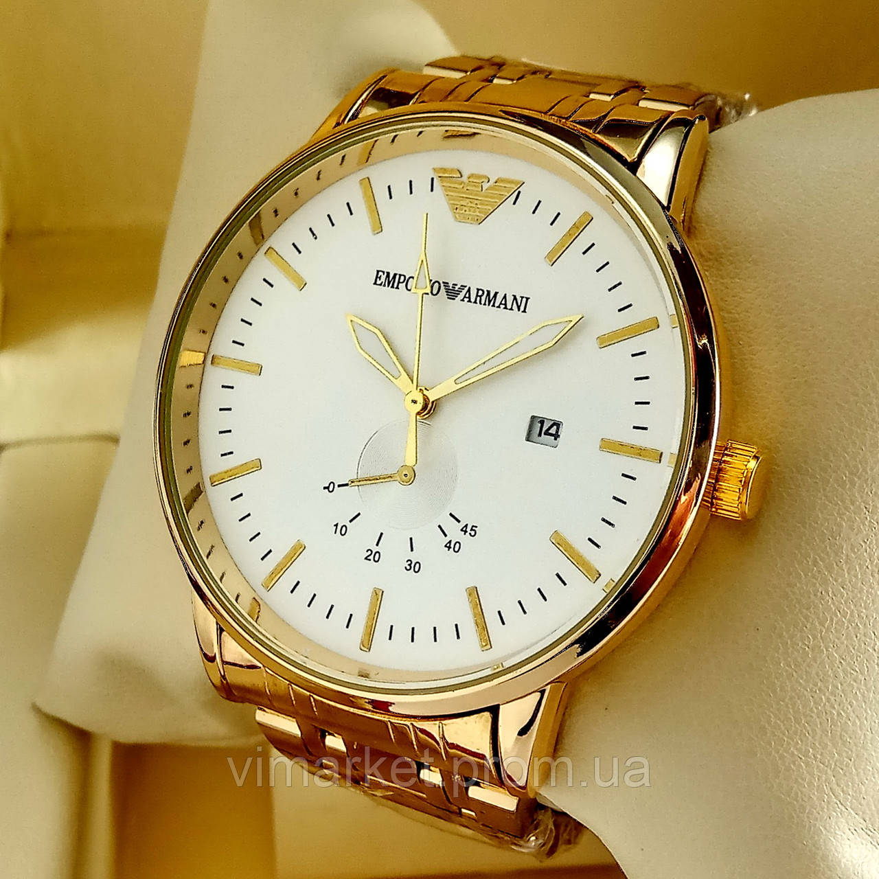 Чоловічі кварцові наручні годинники Emporio Armani T109 золотого кольору з білим циферблатом з датою