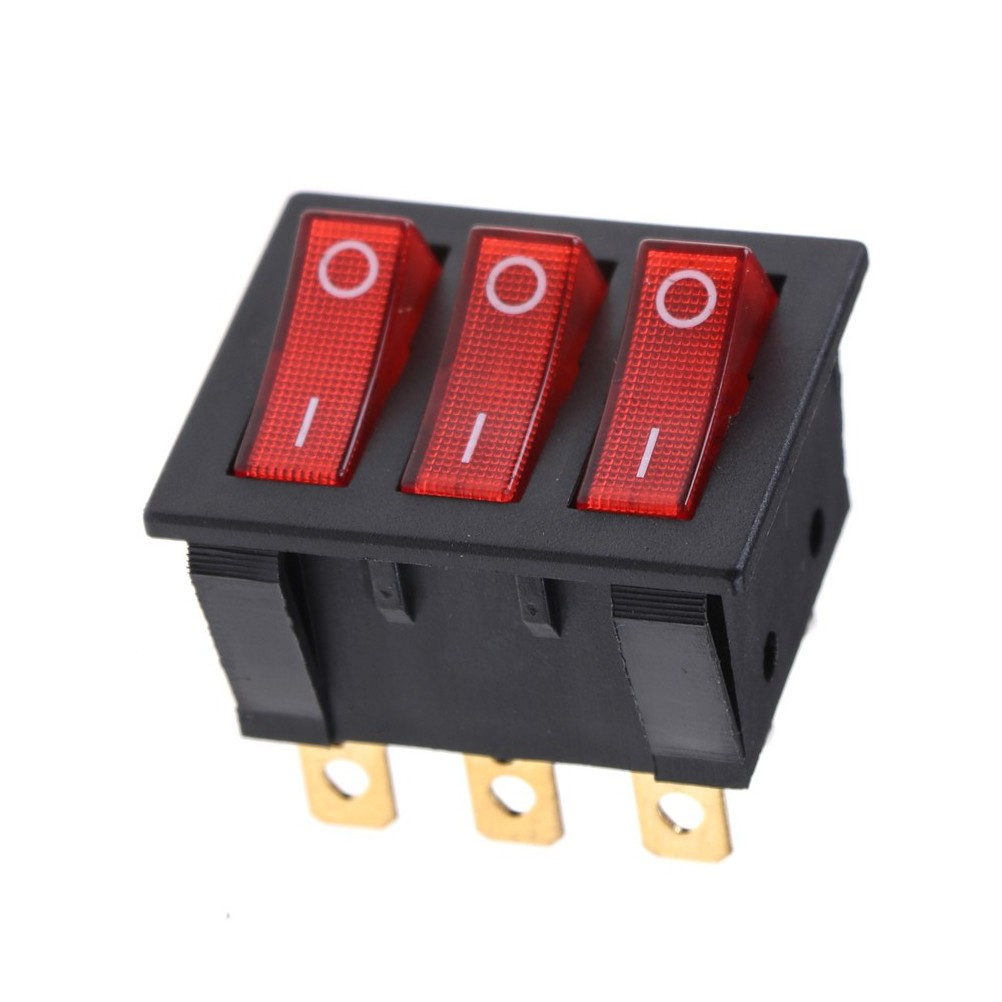 Потрійний перемикач, кнопка KCD3 з підсвіткою AC 250 В 16 А/30 А 9 контактів — Червоний, фото 1