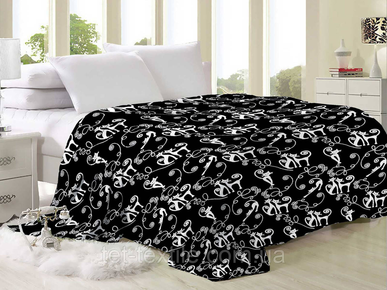 Плед з мікрофібри Велсофт Біла кішка на чорному 200х220 см