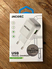 Мережевий зарядний пристрій INCORE USB TRAVEL CHARGER 2.0 A (3702A) + Кабель Apple Lightning USB для iPhone iPad