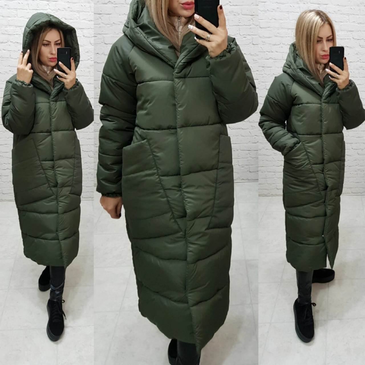 Пальто курка кокон Oversize зимове, артикул 500, колір сіро-зелений хакі