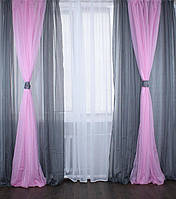 Комплект декоративных портьер из шифона с подхватами цвет серый с розовым