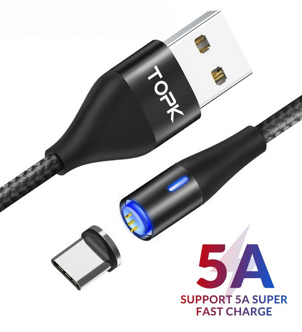 Магнітний кабель синхронізації Topk USB Type-C QC3.0 1 m 5 A 360° нейлоновий чорний (TK08C-VER2-BL)