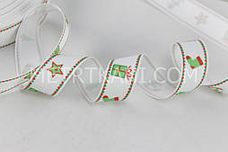 Стрічка репсова новорічна фон білий, ширина 12 мм