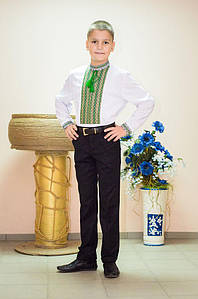 Вишиванка дитяча Волинська візерунки ткана зелена 146 см біла