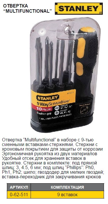Набор отвертка STANLEY Multifunctional 8 насадок 0-62-511