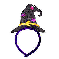 Карнавальная шляпа-обруч ведьмы со звездами, 11,5x24,5 см, черный, пластик, полиэстер (462650)