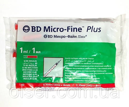 Інсуліновий Шприц BD Micro-Fine Plus U-40, 1 мл, голка 30G (0,30 мм x 8 мм)