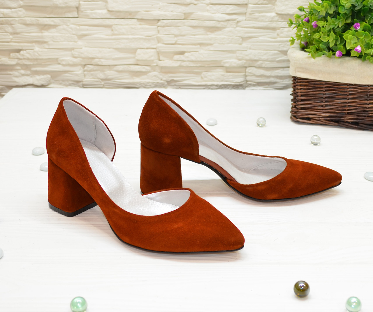 Туфли женские замшевые на невысоком устойчивом каблуке, цвет рыжий ...