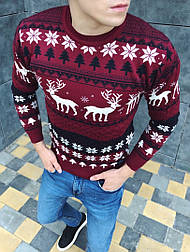 Чоловічий зимовий светр з оленями бордовий. Живе фото