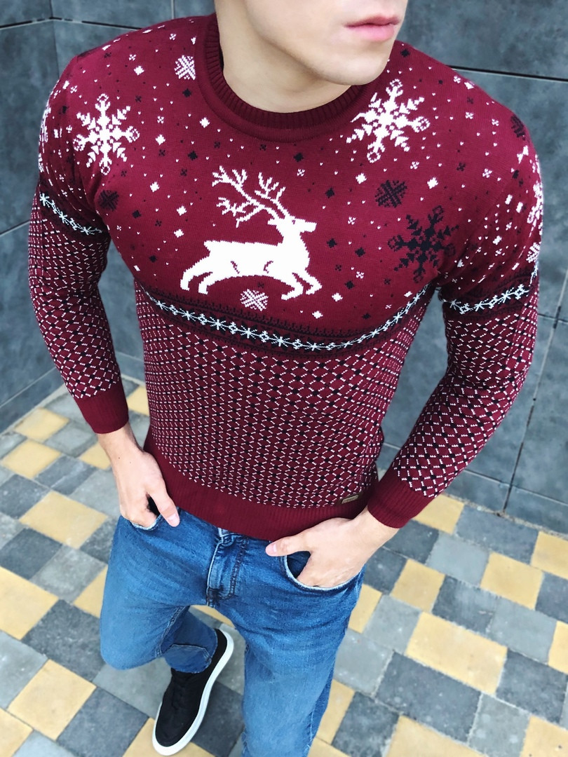 Чоловічий зимовий светр з оленями бордовий з білим. Живе фото, фото 1