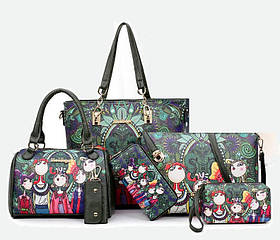 Зелена жіноча сумка з тематичним малюнком набір 6в1
