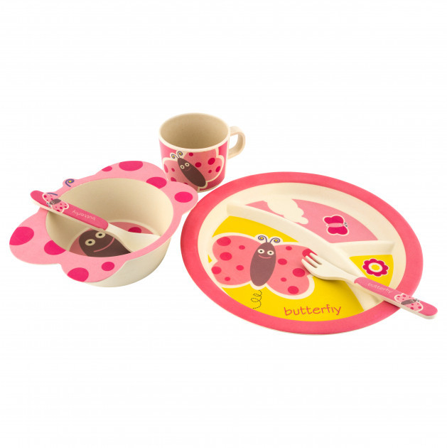Набір дитячої бамбуковій посуду Stenson MH-2771-2 метелик, 5 предметів, фото 1