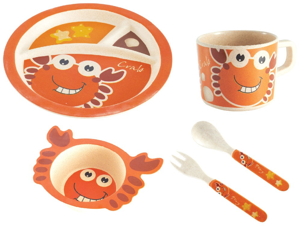 Набір дитячої бамбуковій посуду Stenson MH-2771-1 крабик, 5 предметів, фото 1