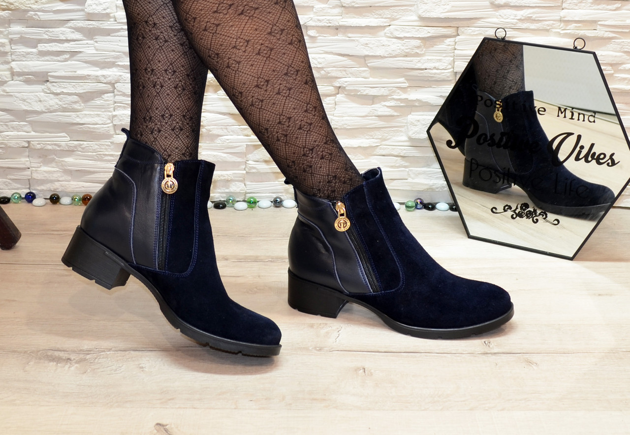 Черевики жіночі класичні синього кольору, натуральна шкіра і замш, фото 1