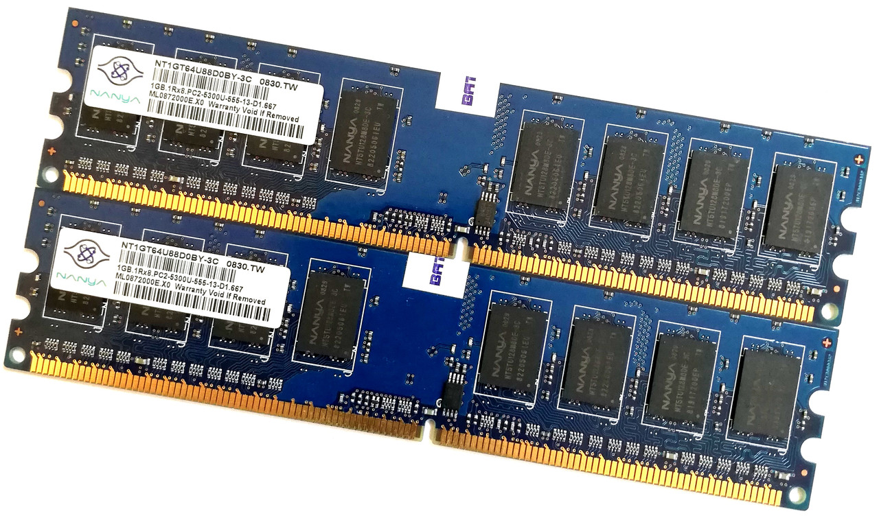 Пара оперативной памяти Nanya DDR2 2Gb (1Gb+1Gb) 667MHz PC2 5300U 1R8 CL5 (NT1GT64U88D0BY-3C) Б/У