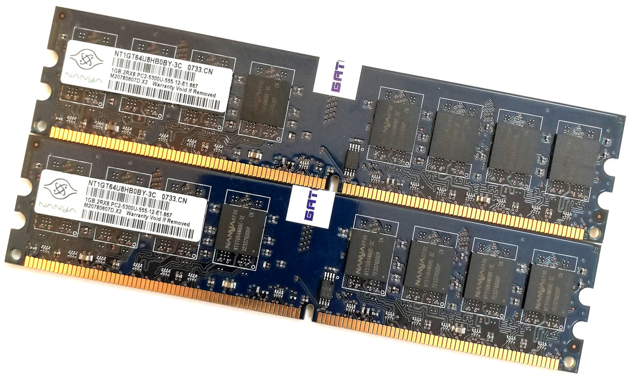 Пара оперативной памяти Nanya DDR2 2Gb (1Gb+1Gb) 667MHz PC2 5300U 2R8 CL5 (NT1GT64U8H) Б/У