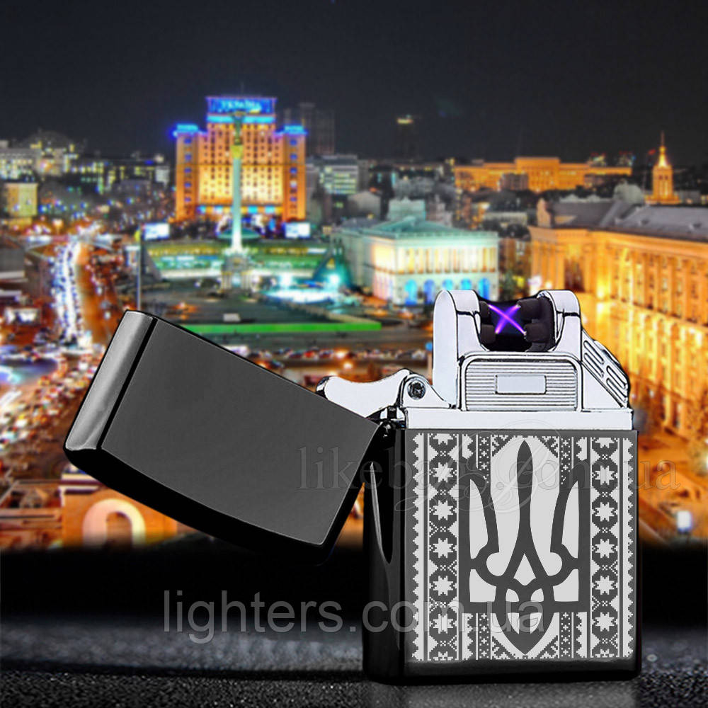 Імпульсна запальничка USB "Герб на фоні вишиванки" дводугова в подарунковій упаковці LG-046U1