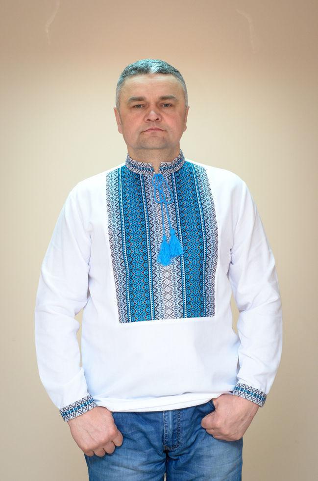 Вишиванка мужска Волинські візерунки Тіффані блакитна ткана 52 р. біла
