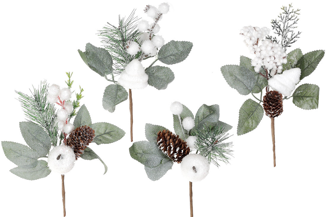 Декоративна гілка засніжена з хвої, листя, шишок і білих ягід, 16 см, 4 різновиди, фото 1