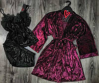 Вишневый халат и черная пижама майка+шорты-велюровый комплект тройка..