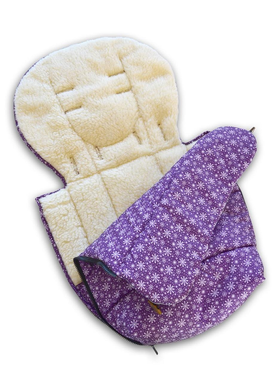 Теплий зимовий конверт-чохол для коляски DavLu Сніжинки на фіолетовому, фото 1