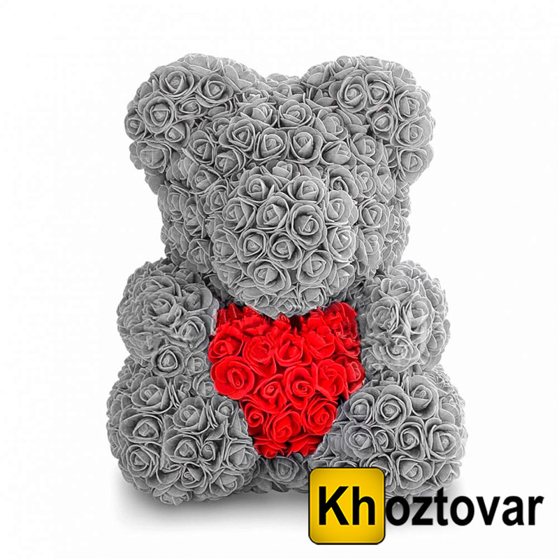 Мишко з штучних 3D троянд з сердечком | 40 см