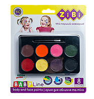 Фарби для обличчя з тальком аквагрим 8 кольорів, Zibi