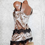 Розмір M (44-46). Жіночий комплект для сну, молодіжна бежева велюрова піжама майка та шортів, фото 2