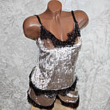 Розмір M (44-46). Жіночий комплект для сну, молодіжна бежева велюрова піжама майка та шортів, фото 6