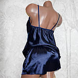 Розмір L (46). Красива атласна синя піжама, комплект для сну двійка, майка та шорти з мереживом, фото 6
