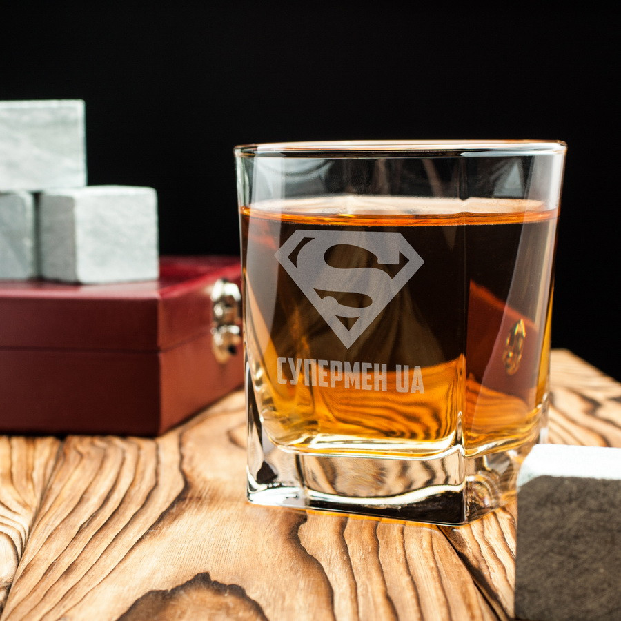 🥃 Стакан для віскі з написом "Супермен UA". Подарунковий стакан для віскі з принтом, на подарунок