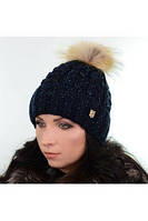 Зимова жіноча шапка з люриксом і хутряним помпоном SNEGANA