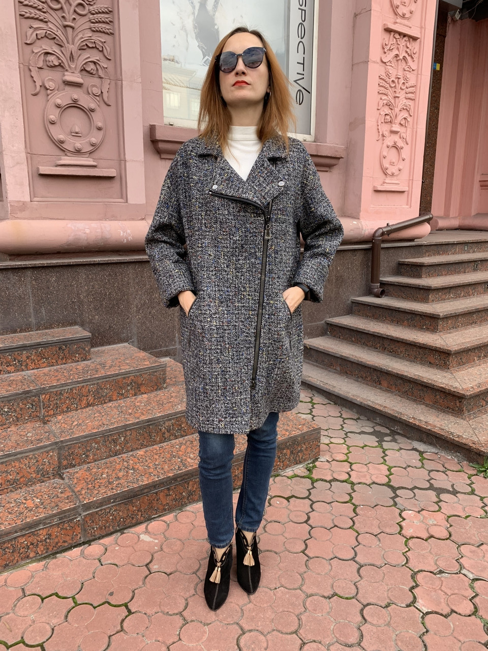 Пальто жіноче сіре демісезонне букле на блискавці, фото 1