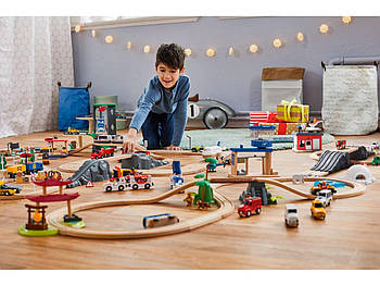 🚂 Великий набір дерев'яної залізниці PlayTive Junior + пластиковий бокс ikea 234 ел. Німеччина