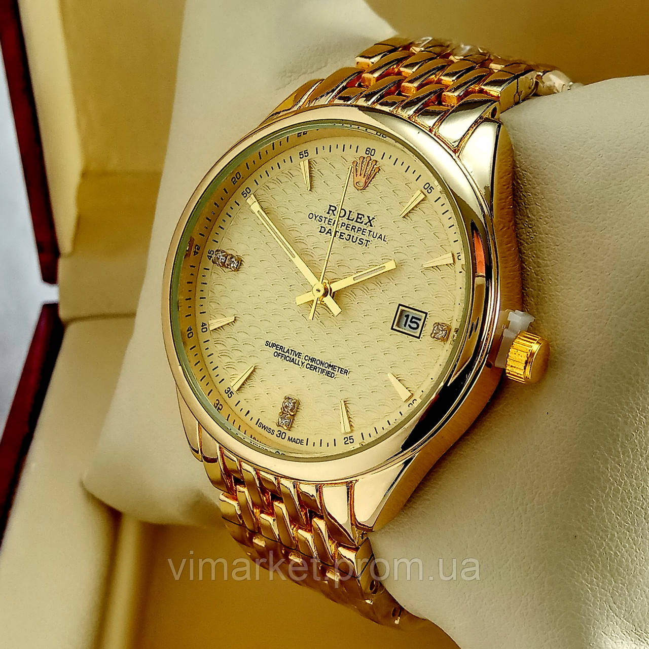 Кварцові наручні годинники Rolex B144 золотого кольору з золотим циферблатом з датою на металевому браслеті