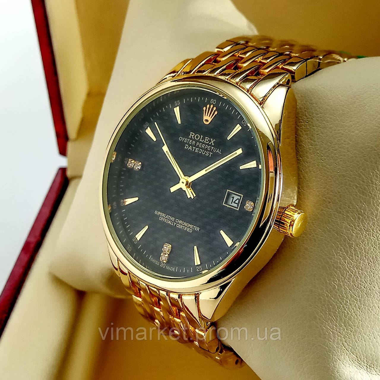 Кварцові наручні годинники Rolex B144 золотого кольору з чорним циферблатом з датою на металевому браслеті
