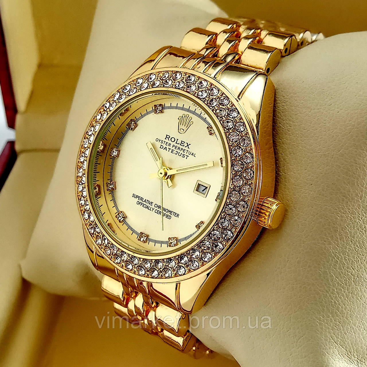 Жіночий кварцевий наручний годинник Rolex A159 золотого кольору з золотим циферблатом з датою на металевих сіт браслеті